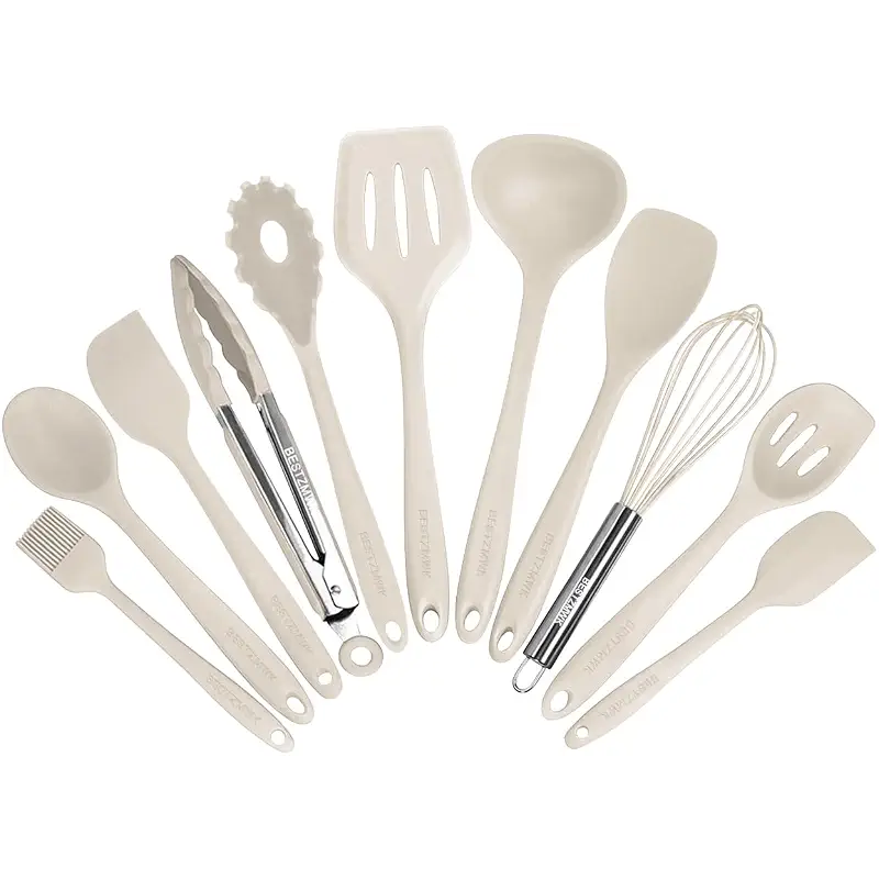 Kitchen Utensil Set - 11 Cooking Utensils - Colorful Silicone Kitchen Utensils - Nonstick Cookware with Spatula Set - Colored Best Kitchen Tools Kitchen Gadgets (Khaki)