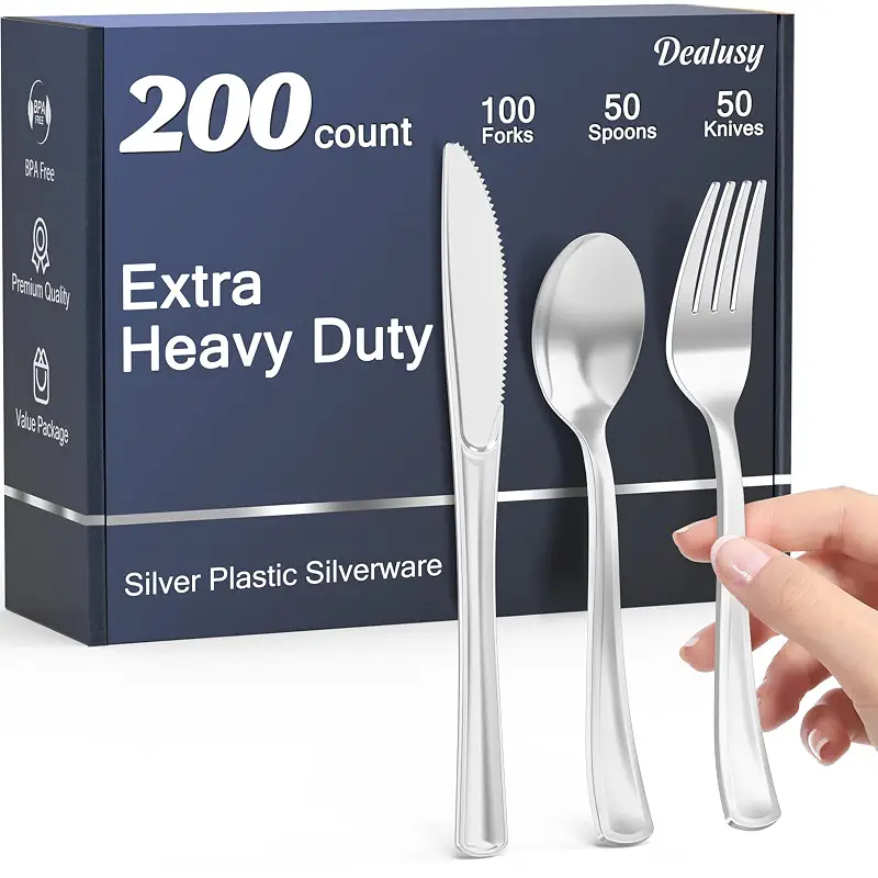 Dealusy 200 Count Heavy Duty Silver Plastic Silverware | 100 Forks, 50 Spoons, 50 Knives, BPA-Free, Heat Resistant, Disposable Plastic Utensils Set Cutlery Set, Plasticware Bulk