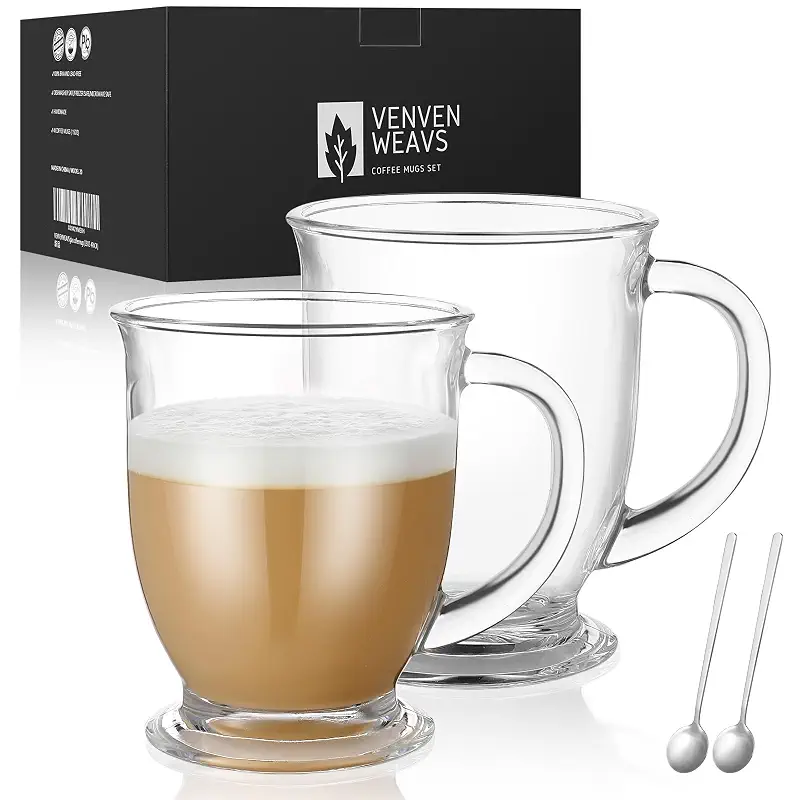 VENVENWEAVS Glass Coffee Mugs Set of 2,15 OZ Lead-free Clear Coffee Cups For Cappuccino,Latte,Tea,Glass Coffee Cups with handles