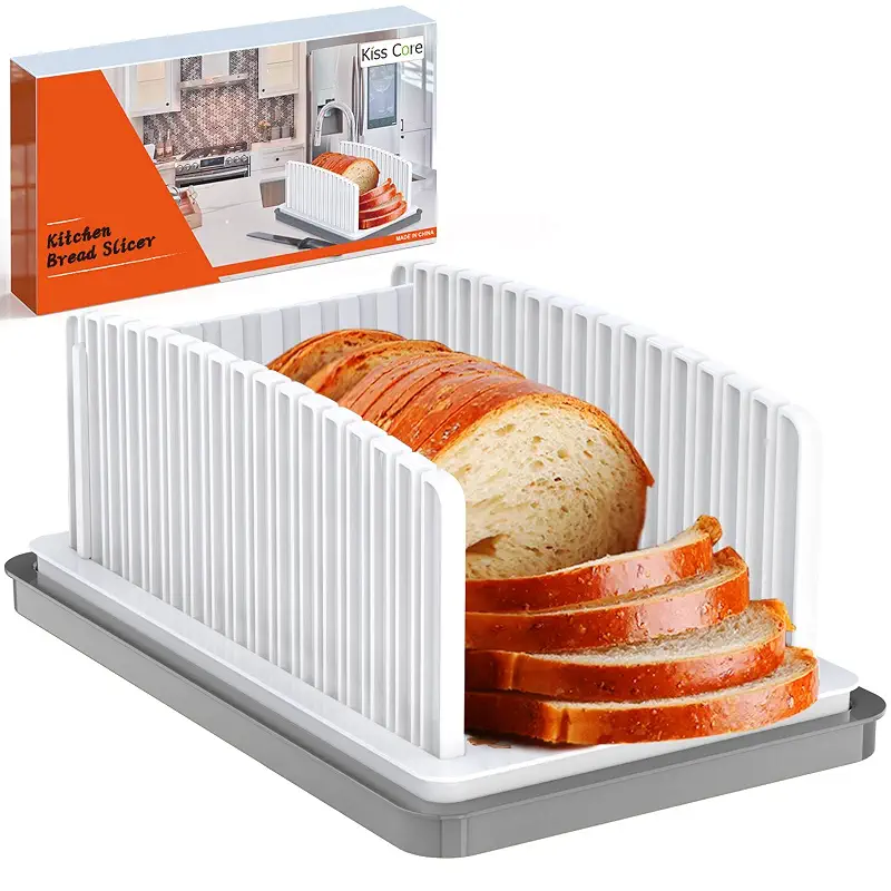 Kiss Core New Upgrade Bread Slicer for Homemade Bread with Adjustable Width | Bread Slicing Guide Foldable and Compact Cutting Guide with Crumb Tray Suitability for Homemade Bread Bagel Cakes