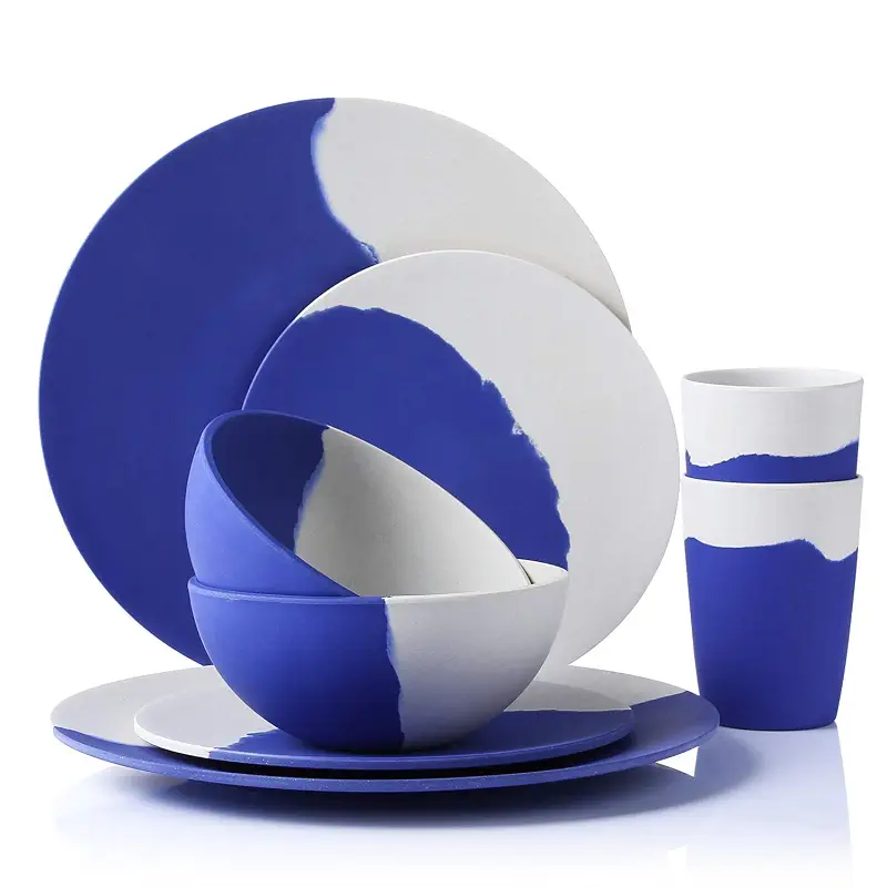 MORGIANA Bamboo Dinnerware Set, 8-Pieces Tableware Set, Eco-Friendly Plates, Cups, Bowls for Camping Picnic Outdoor Party (blue & white)
