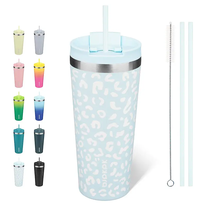 BJPKPK 22 oz Coffee Tumbler with Straw, Insulated Stainless Steel Cup | Double Wall Vacuum, Leak Proof Lid, Keeps Hot/Cold/Iced, BPA Free, Cupholder Friendly, Travel, Light Blue Leopard
