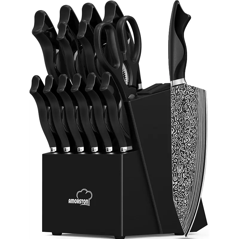 Knife Set, 15 Pieces Kitchen Knife Set with Built in Sharpener, High Carbon German Stainless Steel Knife Block Set, Dishwasher Safe, Fathers Day Gift for Men