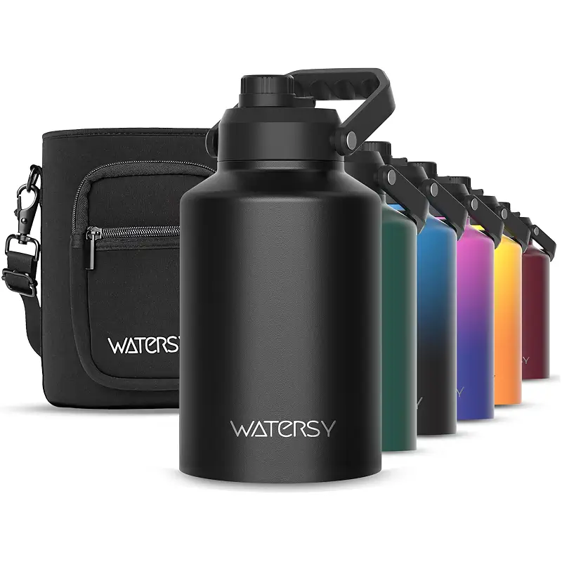 WATERSY 1 Gallon Water Bottle Insulated(Cold for 48 Hrs),BPA Free&Leak Proof,128oz Stainless Steel Water Jug with Handle for Gym,Hiking,Camping&Travel,Black Large Thermo