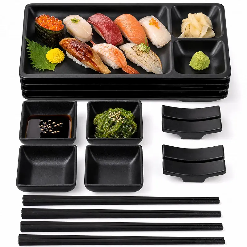 Pumtus 16 Piece Japanese Sushi Plate Set, Melamine Sushi Serving Set, Sushi Dinnerware Set - Includes 4 Sushi Serving Plates, 4 Sauce Dishes, 4 Pairs of Chopsticks, 4 Chopstick Holders (Black)
