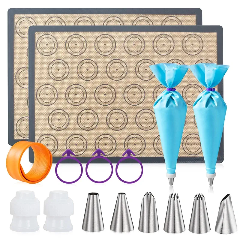 Angadona Macaron Silicone Baking Mats Kit (16pcs set) Macaroon Baking Mat Set of 2 Half Sheet Macaron Silicone Mat Nonstick Macaron Mat Sheet,6 Piping Tip,2 Piping Bag with 3 Bag Tie,2 coupler