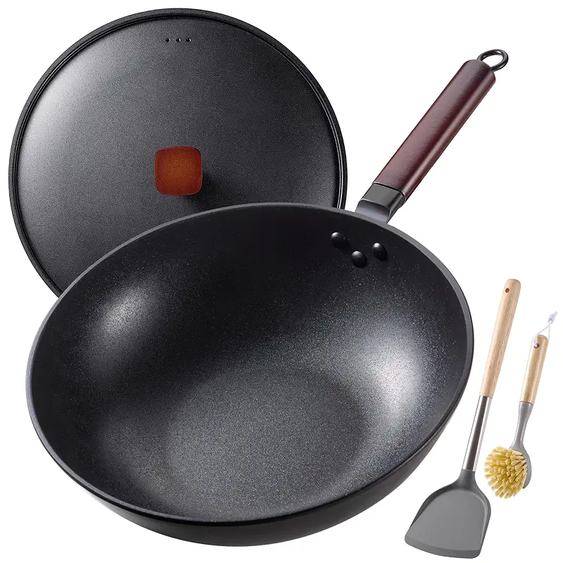 Teewe Carbon Steel Wok, 13" Woks & Stir-fry Pans Nonstick with Lid | Pre-Seasoned Flat Bottom Chinese Wok, Wok Pan with Spatula and Dish Brush for Induction, Electric, Gas, All Stoves