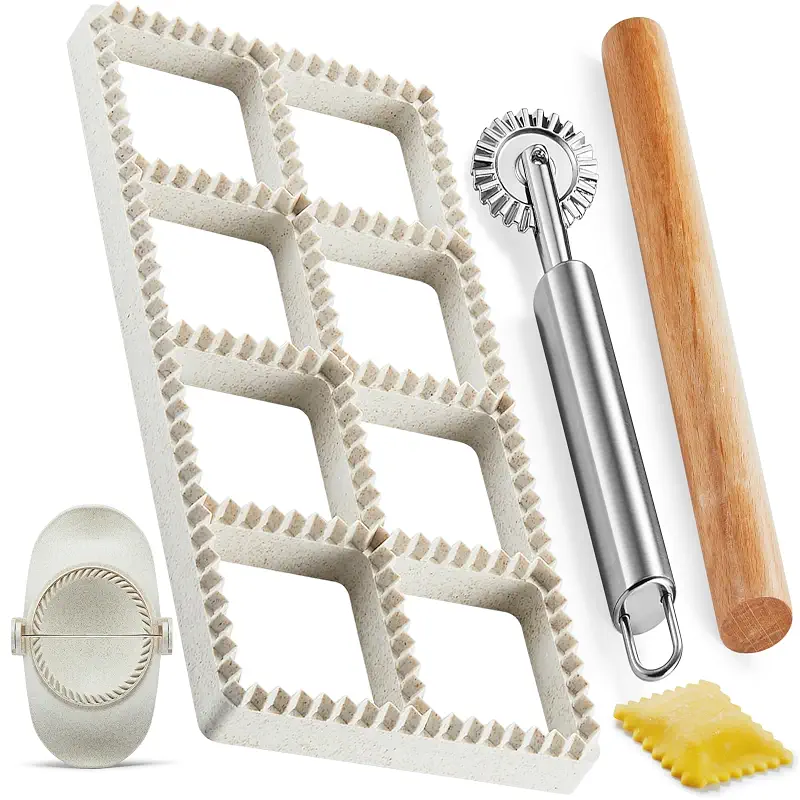 Ravioli Maker Press, Ravioli Cutter, 8-Cavity Square Mold, Empanada Press | 8-cavity 1.85-inch square ravioli mold makes 8 at once; includes 2.6-inch empanada press, cutter wheel, rolling pin and brush