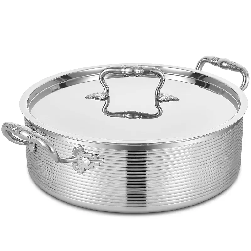 Inqibee 7 QT Stainless Steel Braiser Rondeau Pot with Lid, Riveted Handle | 12 inch Tri-ply Stainless Steel Deep Frying Pan, Large Saute Pan, Versatile Cookware, Compatible With All Cooktops, Oven Safe