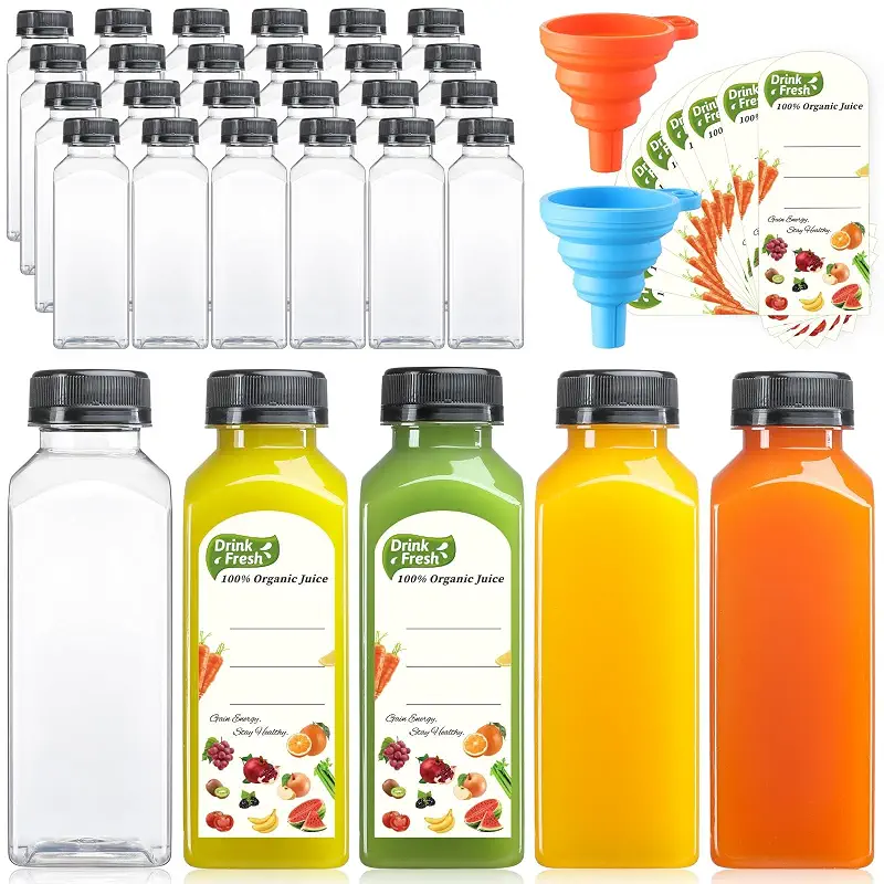 24 PACK, 12 OZ Reusable Thicker Plastic Juice Bottles with Caps, Leakproof | Plus 24 Labels & 2 Funnels, Clear Juicing Bottles for Juice, Smoothies, Ginger, Tea, Coffee -Food Grade & Travel & Freezable