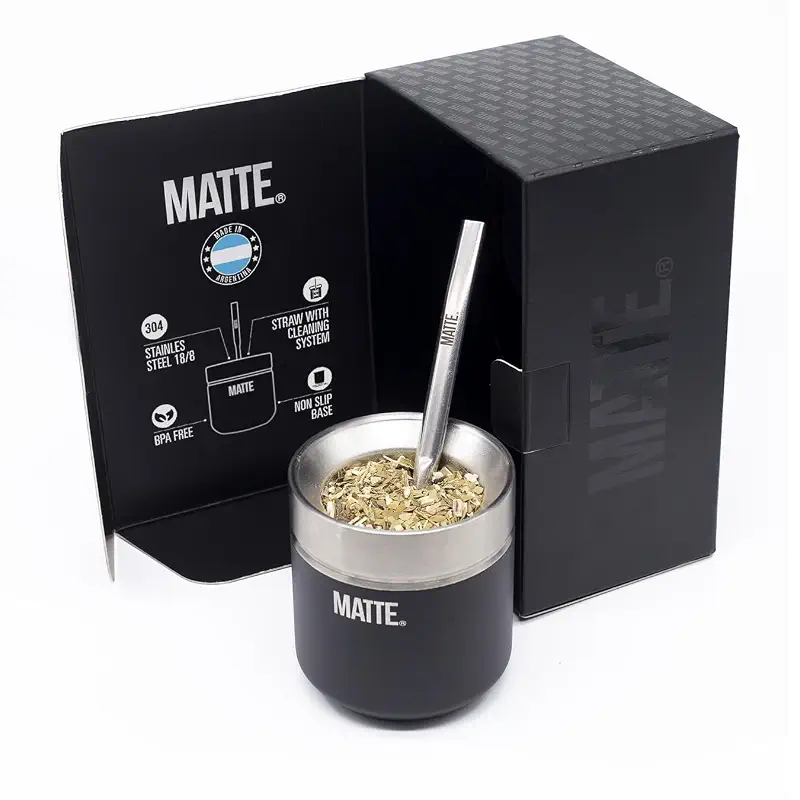 Matte 6.5 oz Yerba Mate Gourd and Bombilla Set - Includes DS Pro Box - BPA Free Yerba Mate Set Kit with Mate Straw, Elegant Design, Non-Slip Base (Black)