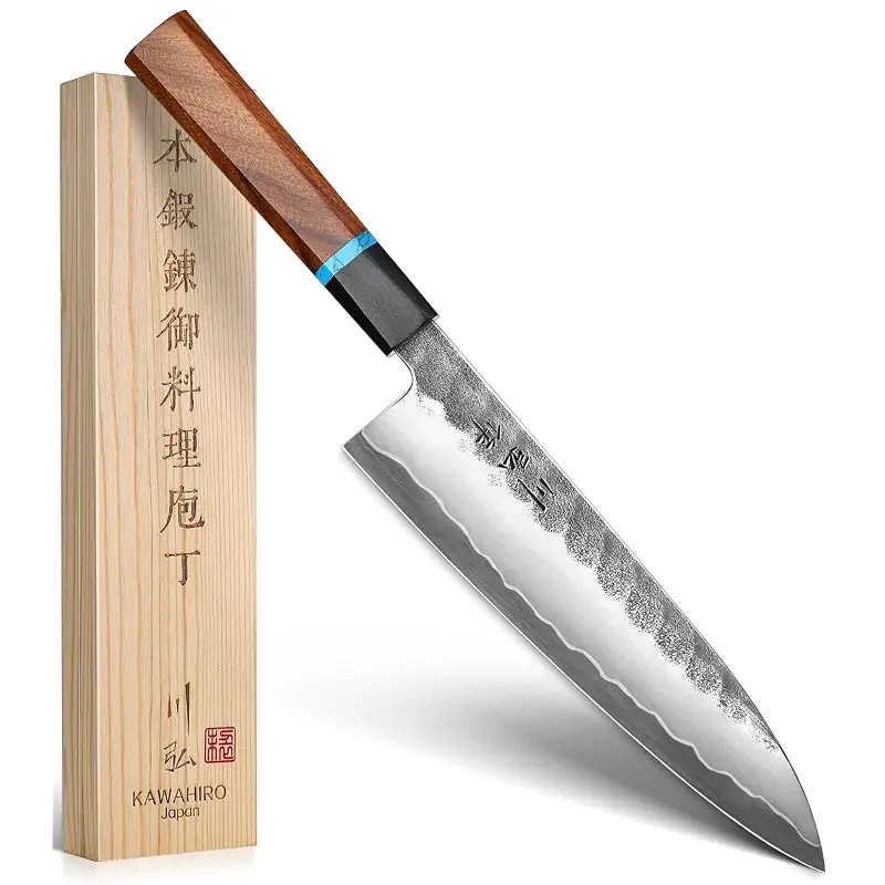 KAWAHIRO Japanese Chef Knife, 8 Inch Hand Forged Razor Sharp VG10 Kitchen Knife for Effortless Meat & Veggie Slicing, Professional Gyuto with Ergonomic Octagonal Handle, Wooden Gift Box