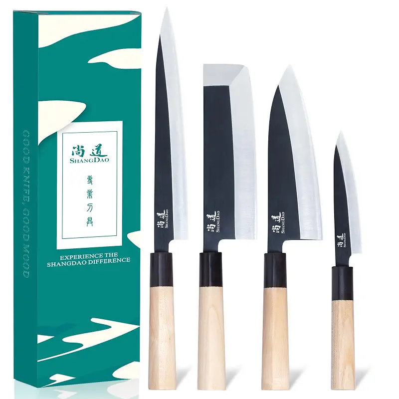 SHANGDAO Japanese Kitchen Chef Set Of 4 Knives Set Sushi Knife Set, Nakiri-Yanagiba-Deba-Utility Kitchen Knife,Fish Slicing Filleting Knife Sets, German Steel
