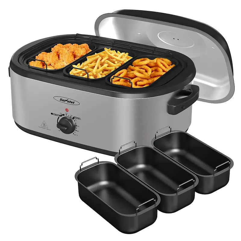 Sunvivi Electric Roaster Oven, 24 QT Turkey Roaster Oven with 3 Bin Buffet Server, 150-450F Full-Range Temperature Control, Removable Pan & Rack, Stainless Steel, Silver