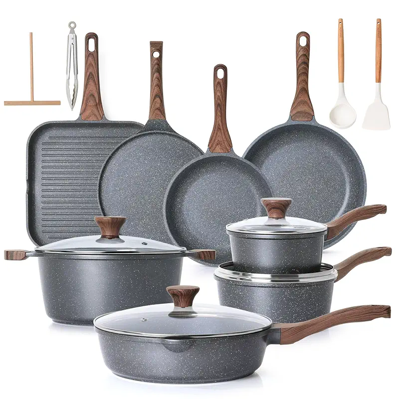 SENSARTE 23 PCS Nonstick Granite Cookware Set, PFOA/PFOS Free, Induction | Non Toxic Pots and Pans, Healthy Kitchen & Home Cooking Set with Stay-Cool Handles, Silicone Tools and Pot Protectors, Gray