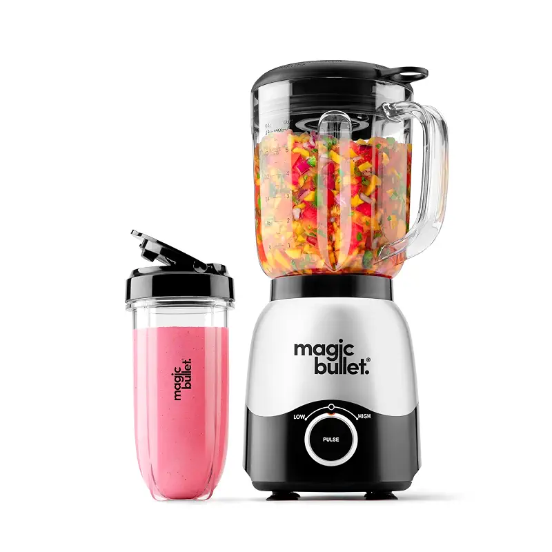 magic bullet Combo Blender, 600W, 48oz Pitcher, 16oz Cup with To-Go Lid, Easy Cleaning, Cross Blade, for Smoothies, Sauces, Shakes, Salsa, Hot Blends, Silver, MBF50200