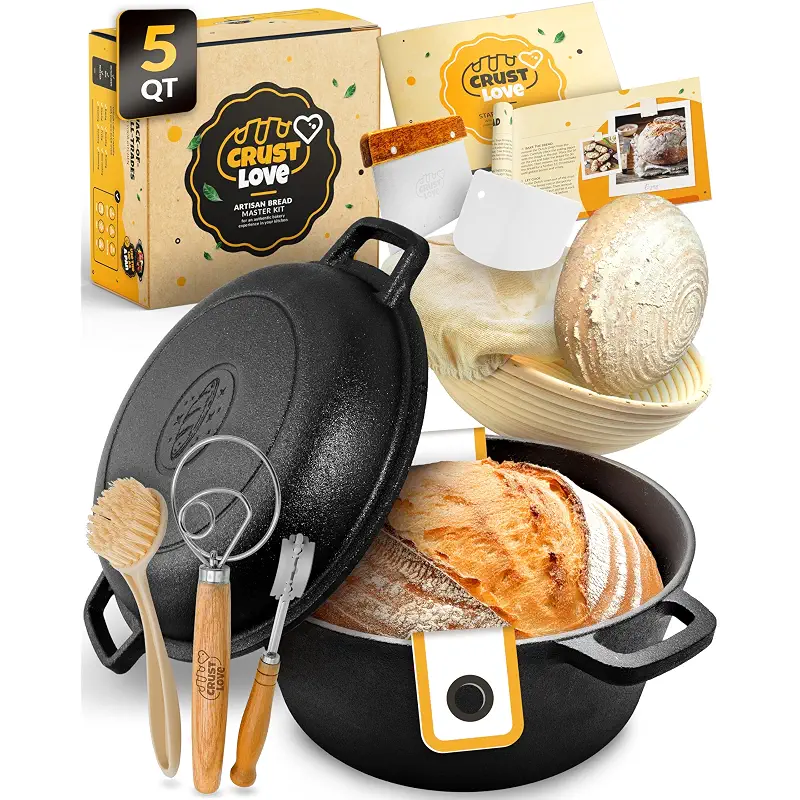 CRUSTLOVE 5 QT Pre-Seasoned Dutch Oven for Bread Baking with Lid and Kit | Dutch Oven for Sourdough Bread Baking and Supplies incl. Banneton, Bread Sling, Lame, Dough Whisk & Guide, Cast Iron Pot Set