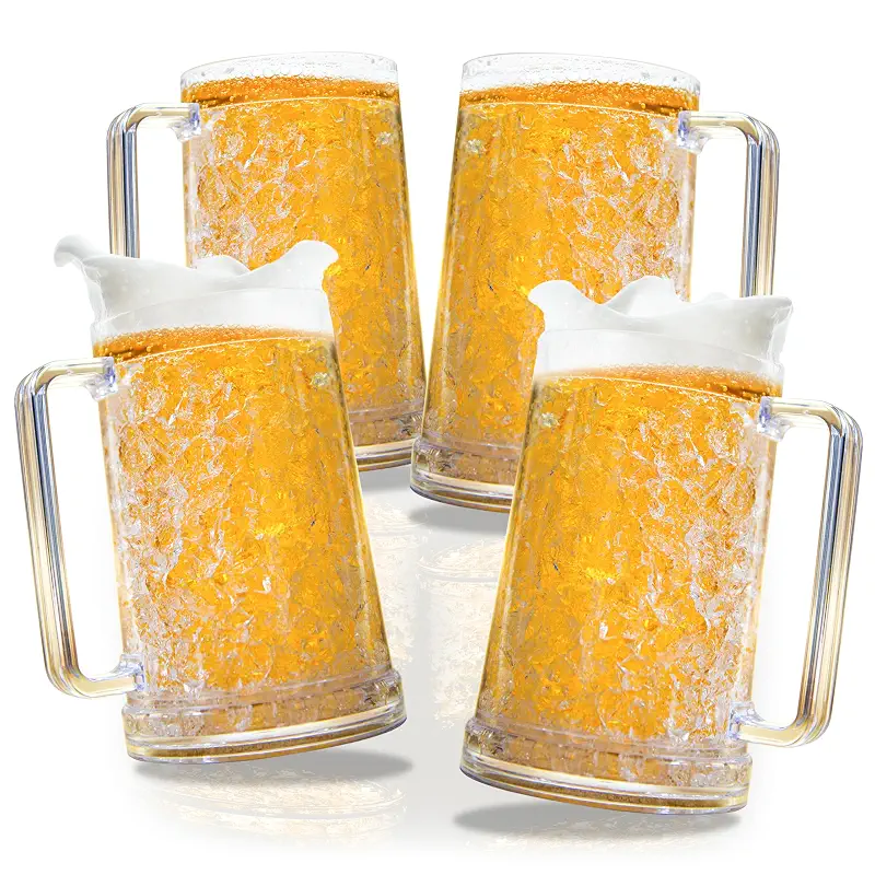 Granatan Freezer Beer Mugs Set of 4, 16 oz Double Wall Gel Mugs for Freezer, Acrylic Plastic Beer Stein with Handle, Ice Cold Glasses for Men, BBQ, & Pool Parties (Clear)