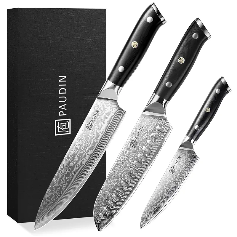 PAUDIN Damascus Knife Set 3 PCS, Japanese VG10 Steel Core, Ultra Sharp Chef Knife Set, Full Tang G10 Handle, Damascus Kitchen Knives | 67-Layer Forged Kitchen Knife Set, Japanese VG10 Steel Core, Full Tang G10 Handle