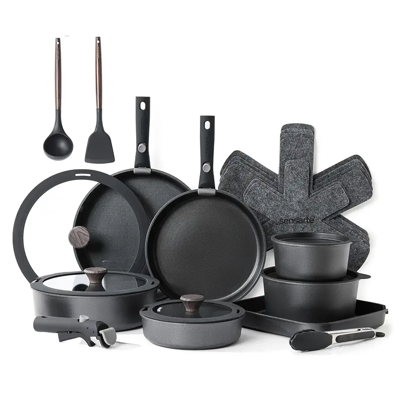 SENSARTE 24 Piece Nonstick Detachable Handle Pots and Pans Set Black | Removable Handle Cookware Set, Induction Cookware Set with Removable Handle, Healthy Non Stick for RV, Dishwasher ＆ Oven Safe