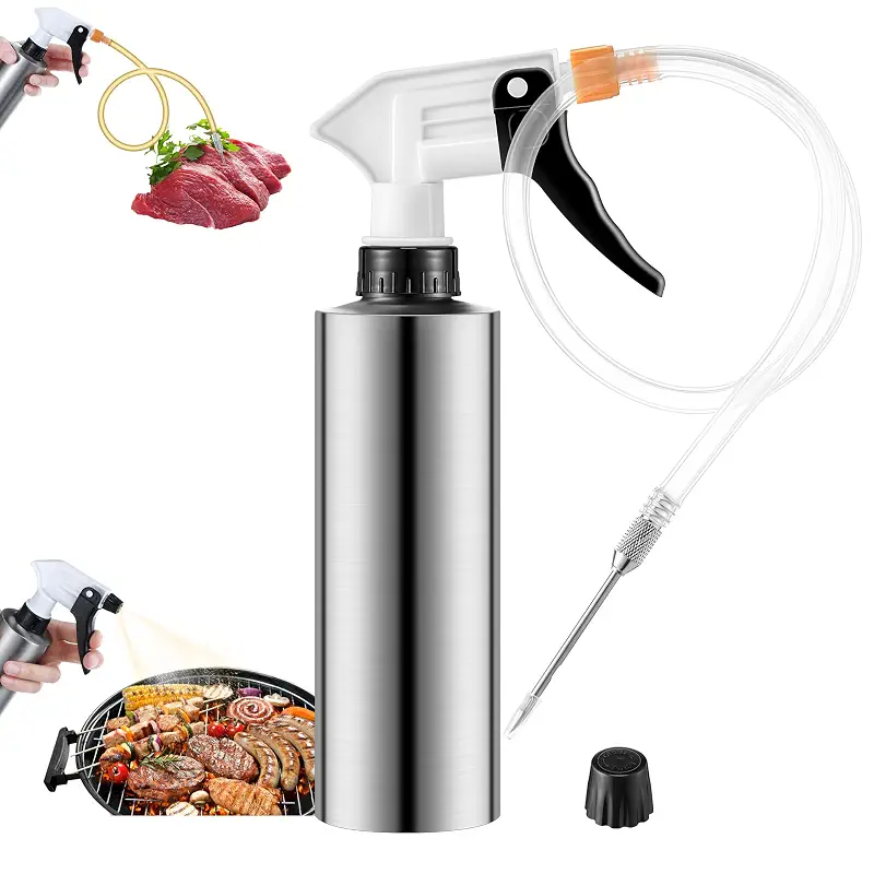 2-in-1 BBQ Spray Bottle and Meat Injector, 10oz Spritzer | Fine mist sprayer, Marinade injector, Adjustable nozzle, Stainless steel bottle for smoking