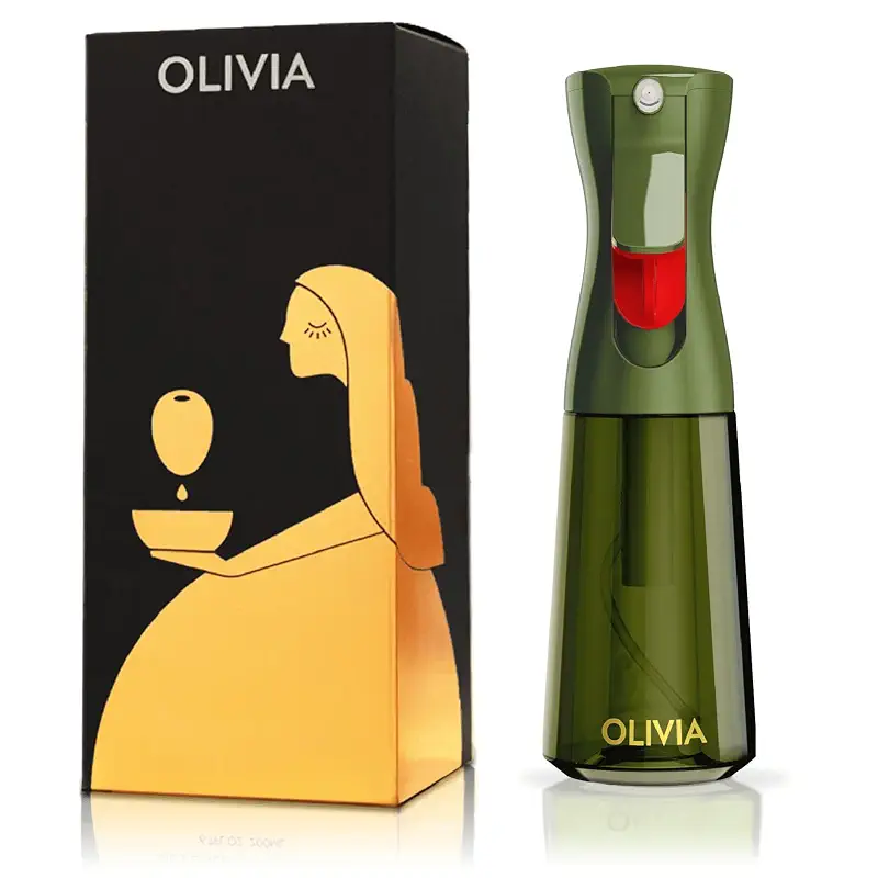 FLAIROSOL OLIVIA SIGNATURE Oil Sprayer for Cooking, 200ml Glass, Green/Gold | Portion control mist for air fryer, salad, BBQ, refillable & reusable, fine mist olive oil kitchen sprayer, anti-drip