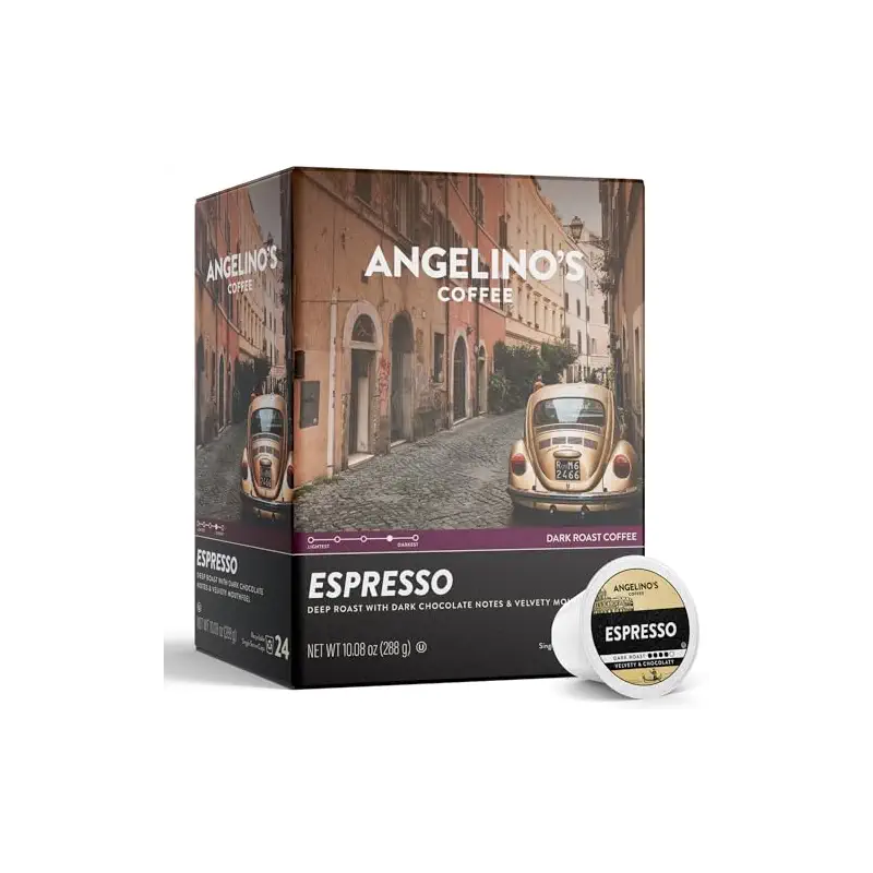Angelino's Coffee Espresso Dark Roast Coffee Pods, 24 Count – Bold Italian Style Blend, K Cup Compatible for Keurig – Dark Chocolate & Caramel Notes, Smooth with No Bitterness, Perfect for Lattes