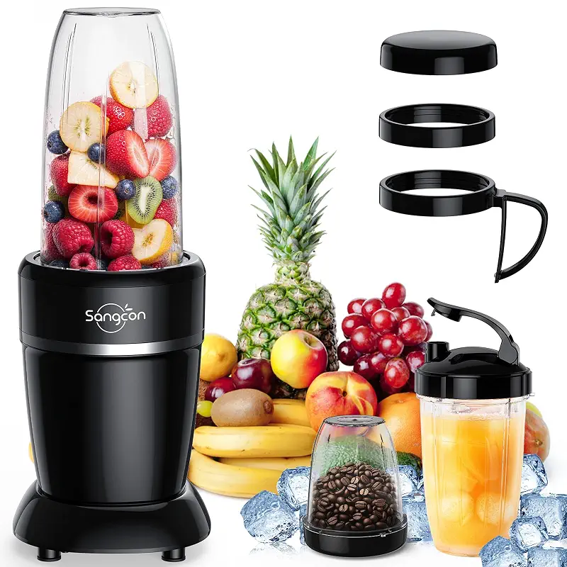 Sangcon 1000W Personal Smoothie Blender, Protein Shakes, Home & Gym, Black | 37/32/22 oz BPA-Free To-Go Cups with 6-Leaf Blade, Frozen Fruit, Ice Crushing, Baby Food, Sauces, Dips, Coffee, Nuts, Spices