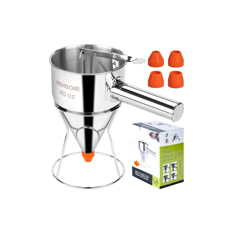 40oz Stainless Steel Pancake Batter Dispenser Multi-Nozzle, Funnel Tool | Thumb-press handle for easy flow control – ideal for pancakes, waffles, crepes, cupcakes, muffins, donuts & funnel cakes.
