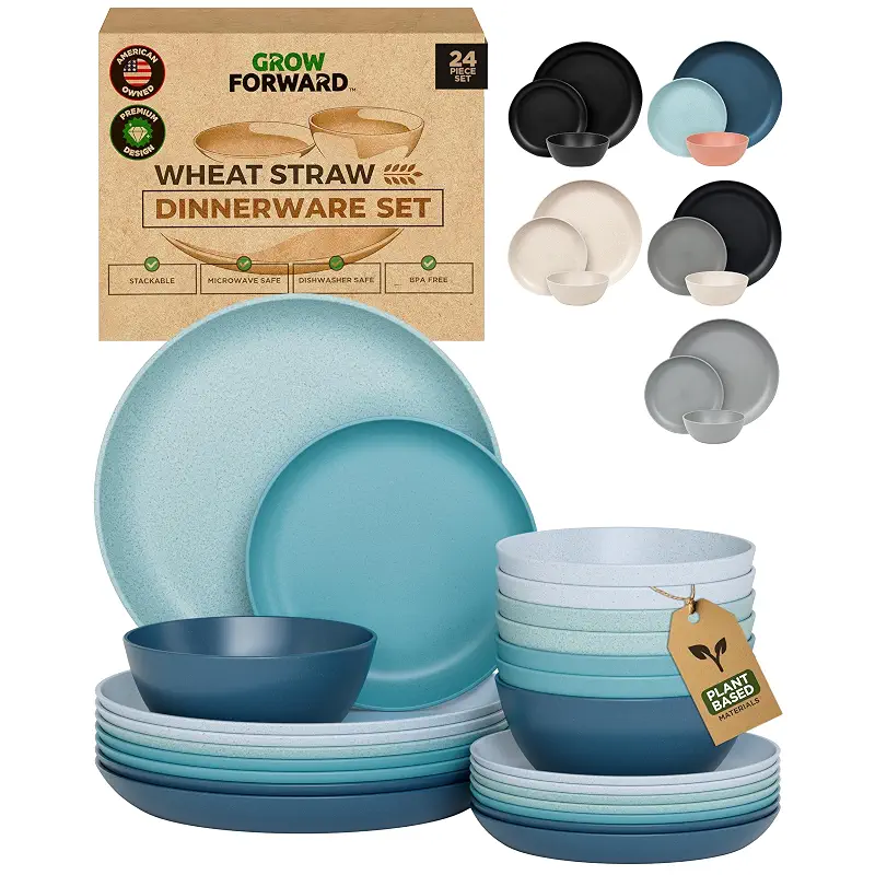 Grow Forward 24-piece Premium Wheat Straw Dinnerware Sets for 8 - Unbreakable Dishwasher & Microwave Safe Plastic Plates and Bowls Sets - Patio, Outdoors, RV, Camping Dishes - Seascape