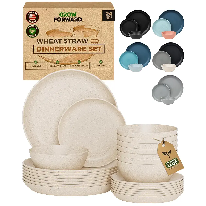 Grow Forward 24-piece Premium Wheat Straw Dinnerware Sets for 8 - Unbreakable Dishwasher & Microwave Safe Plastic Plates and Bowls Sets - Patio, Outdoors, RV, Camping Dishes - Sahara