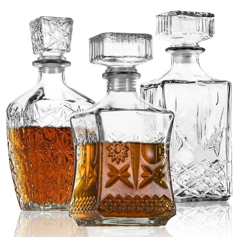 LAWADACH Whiskey Decanter Set of 3, Glass Alcohol Bottle Gift for Men, Dad | Liquor Decanter for Vodka, Tequila, Bourbon & More, Unique Stylish Whiskey bottle for Home Bar Party Decor | 28oz*2 & 31oz*1