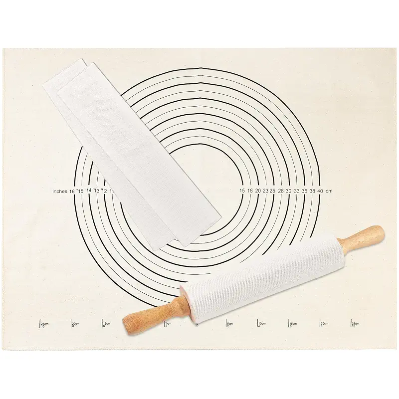 3PCS Pastry Cloth and Rolling Pin Cover Set, 1PCS 25" X 20" Heavy Cotton Canvas Cloth Pastry Mats with Measurement 2PCS 13" X 2.7" Flexible Rolling Pin Covers Sleeves for Rolling Dough Baking Bread