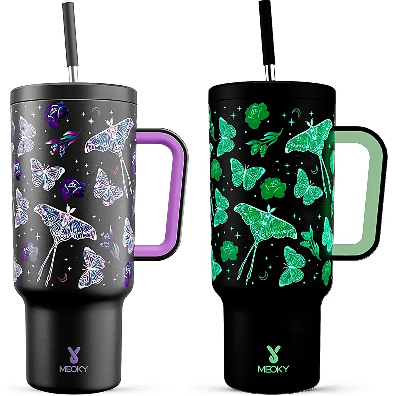 Meoky 40 oz Glow in the Dark Tumbler with Handle and Straw, Tumbler with Lid and Straw, Insulated Stainless Steel Travel Mug, 100% Leak-proof, Keeps Cold for 34 Hours (Butterfly)