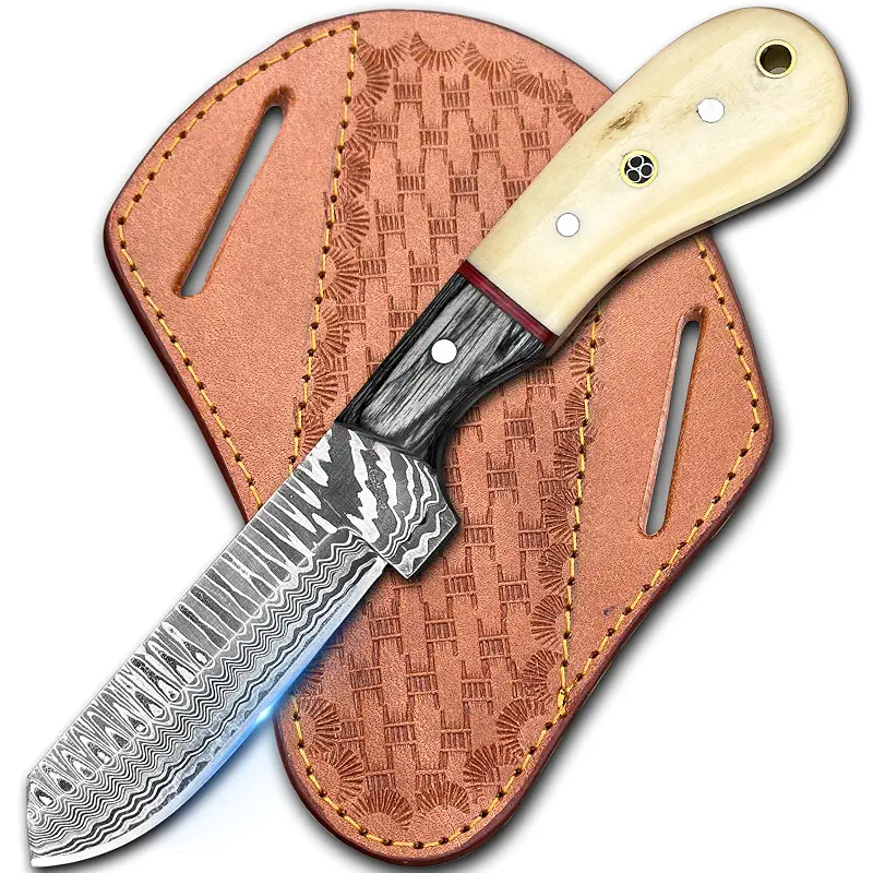Cowboy Knives with Leather Sheath - 8” Sharp Handmade Damascus Bull Cutter Knife - EDC Fixed Blade Hunting Knife for Skinning, Camping, Bushcrafting and Outdoor Activities, white