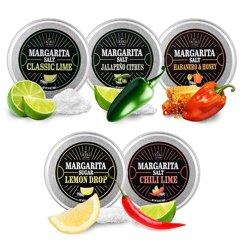 Margarita & Cocktail Flavored Salt Rimmer, 5-Pack Gourmet Cocktail Blends | Premium Cocktail Flavor Variety, Includes Chili Lime, Lemon Drop, Habanero Honey, No Silicon Dioxide, Easy Screw-On Lid