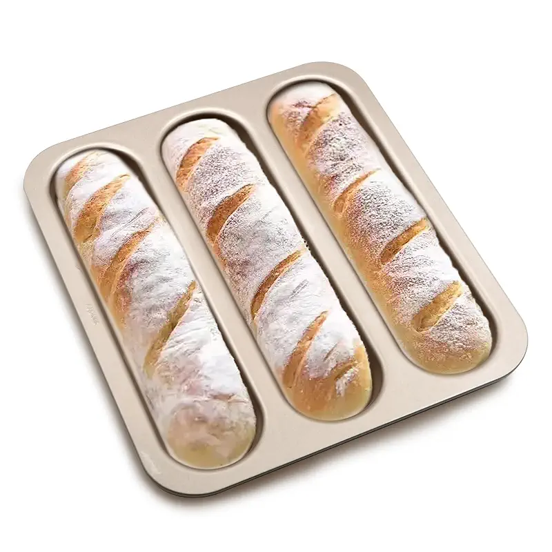 French Baguette Bread Baking Pan, 3-Cavity Non-stick Loaf Pan | Carbon Steel French Bread Hot Dog Mold, Non-stick Bread Loaf Pan, Mini Baguette Bread Pan for Oven and Baking
