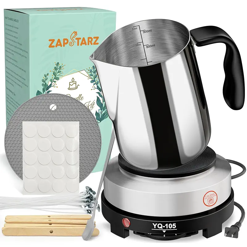 Zapstarz Candle Making Kit with Hot Plate, for Adults, Beginners | Candle Making Supplies with Wax Melting Pot, Candle Wicks, Stickers, Stirring Spoon, Anti-Scald Pad, Wooden Holders