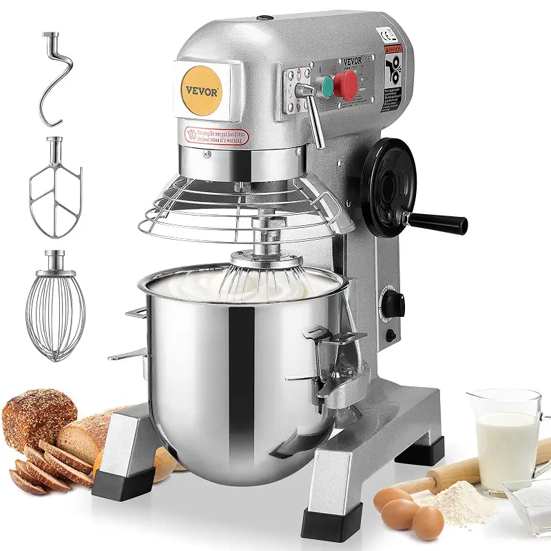VEVOR Commercial Mixer, Commercial Food Mixer 10Qt Stainless Steel Bowl, 450W Commercial Stand Mixer with 3 Speeds Adjustable, Dough Hook Whisk Beater Included, Perfect for Bakery Pizzeria, Silver