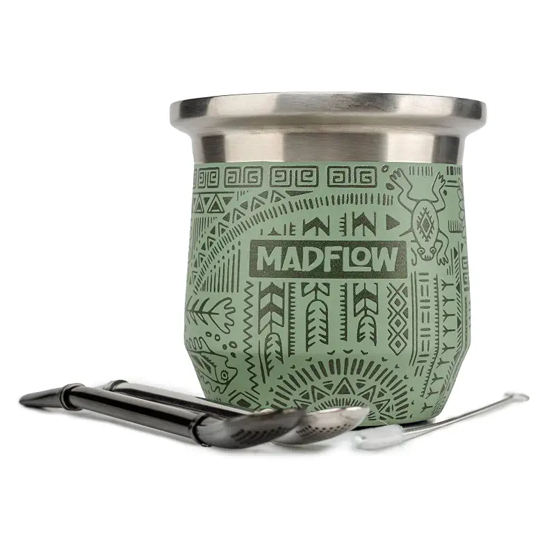 MADFLOW Yerba Mate Cup. Stainless Steel Mate Cup with 2 Bombillas. Double Wall Vacuum Insulated Yerba Mate Gourd. Unique Mate Cup And Bombilla Set