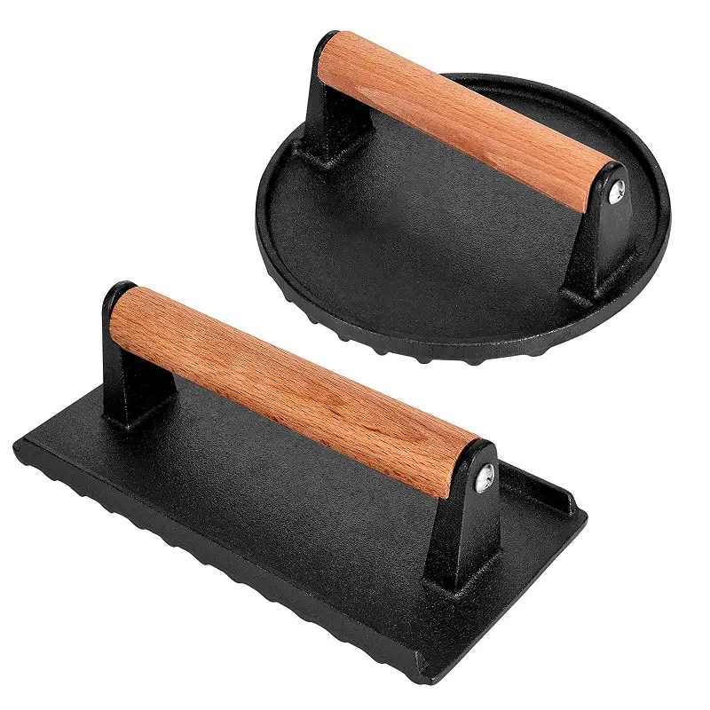 Blackstone Burger Press Set - 7" Round Smash Burger Press & 8"x4" Rectangle Cast Iron Grill Press with Wooden Handle - Smasher is Perfect for Blackstone Griddle, Pitboss Weber Griddle Grills