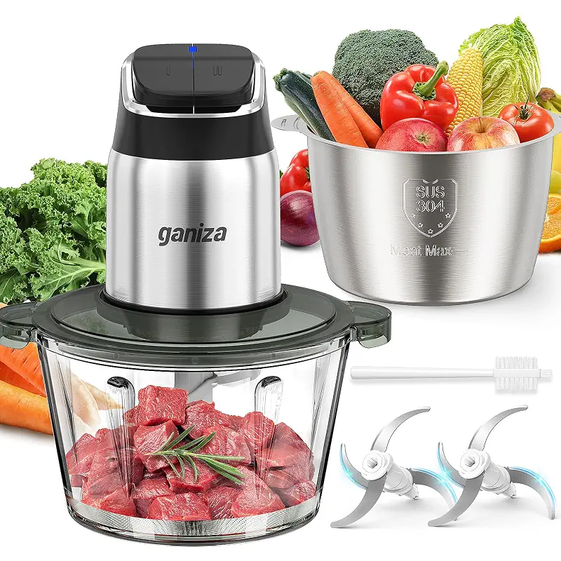 Ganiza Food Processor with Dual Bowls, 2-Speed Food Chopper & Meat Grinder | 8Cup Stainless & 8Cup Glass Bowls, Upgraded Button & Smart Overheat Protection Light - Includes Clean Brush, 2 Sets of Blades