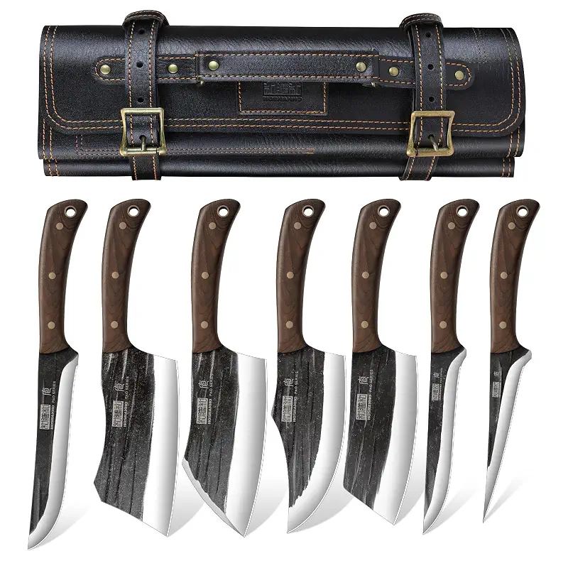 HOSHANHO Butcher Knife Set, Sharp Kitchen Knife Set & Roll Bag Gift for Men | Hand Forged 8PCS Butcher Chef Knife Set with Meat Cleaver Knife & Bone Chopper Knives & Fillet Knives for Home, Camping, BBQ