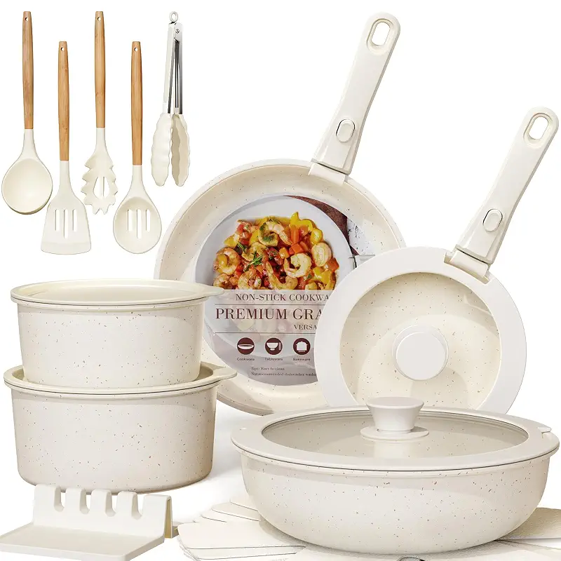 Astercook 21 Pcs Pots and Pans Set Non Stick, Ceramic Cookware Set Detachable Handle, RV Kitchen Cooking Set Removable Handles, Oven Safe, Induction Ready, Stackable, Cream, Fathers Day Gift for Men