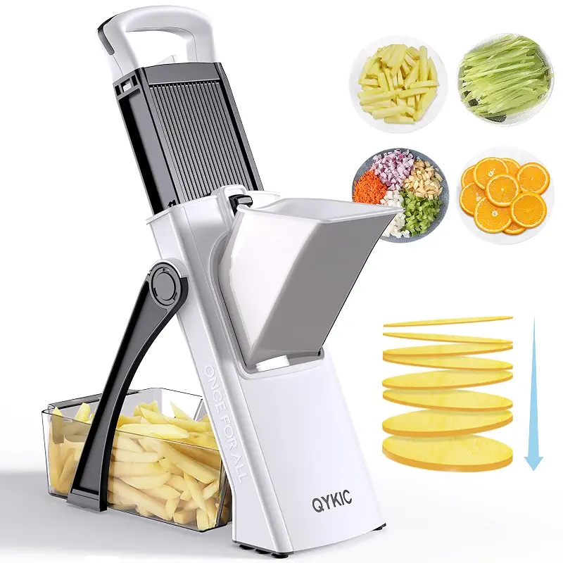 QYKIC Safe Mandoline Slicer Pro for Kitchen, Adjustable Chopper 6 in 1 | Potato Slicer Onion Chopper Fry Cutter Julienne Dicer Large Chute Stainless Steel Blades Detachable Dishwasher Safe Gifts