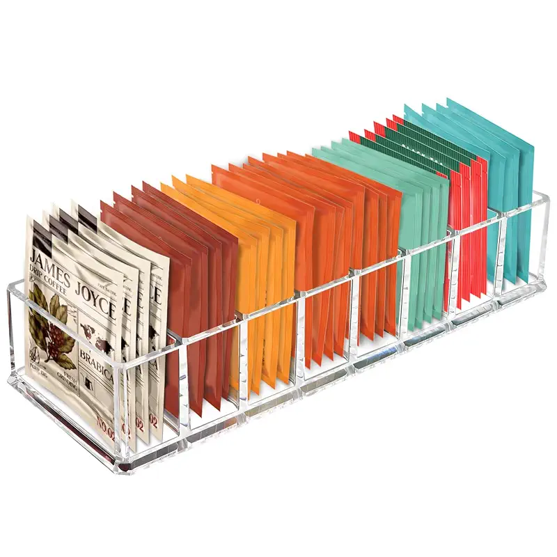 Tasybox Tea Bag Organizer, Tea Holder, Tea Organizers and Storage, 1 Pack | Acrylic Tea Organizer, Clear Tea Bag Holder, 8 Slot Tea Bag Storage Container for Drawer, Pantry, Kitchen, Cabinet Countertop