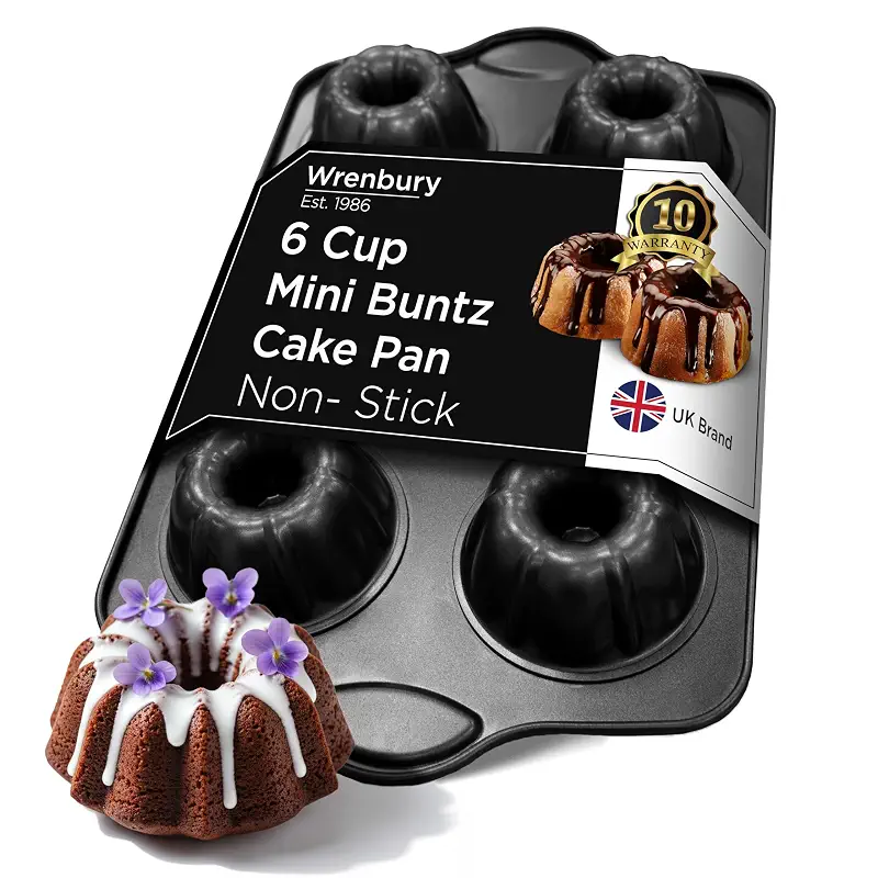 Wrenbury Nonstick Mini Buntz Cake Pan Non Stick for Baking Fluted Cake Tin | 6 Cup Bundlette Tray for Small Cakes - PFOA Free and Dishwasher Safe - 3.75” Cup Width