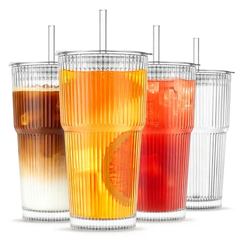 INSETLAN 20 oz Ribbed Glass Tumblers with Lids and Glass Straws – 4-Piece Glassware Set, Thickened Wall, Ideal for Iced Coffee, Smoothies, Cocktails, and Juices – Elegant and Durable Drinkware
