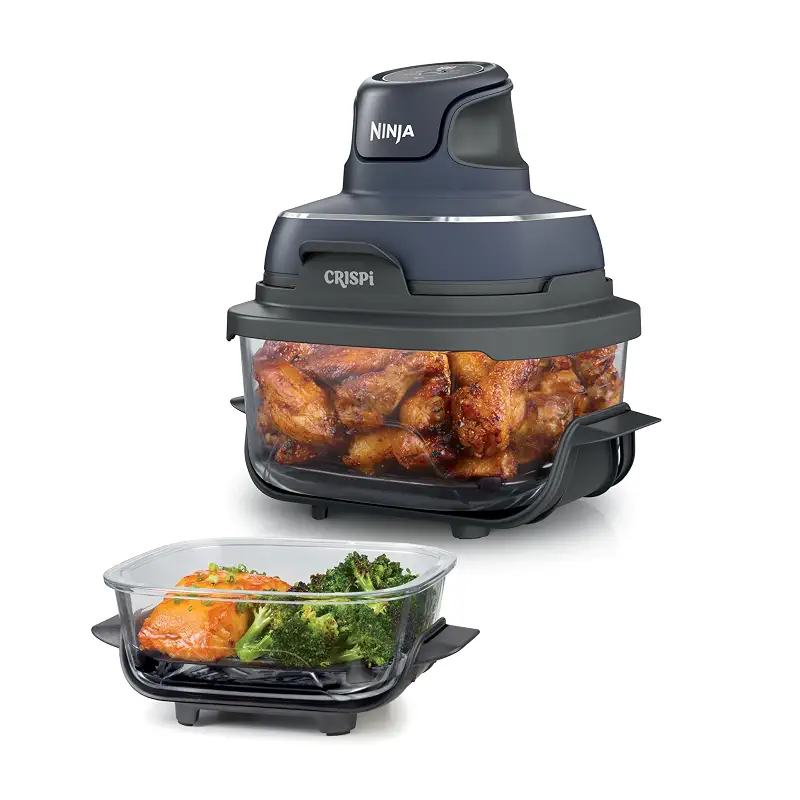 Ninja Crispi Glass Air Fryer, 4-in-1, Grey, FN101GY | Max crisp, bake, air fry, recrisp, 450F max, 4 Qt and 6 Cup containers, PFAS-free glass