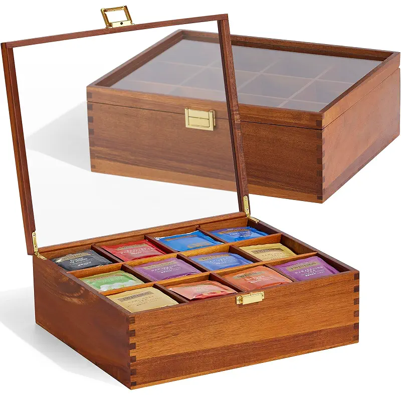HouseJoy Wood Tea Bag Organizer: 12 Compartments with Clear Glass Lid | Acacia Wood-Large Capacity-Tea Bag Storage Holder for Countertop Kitchen Pantry-Gift For Tea Lover-Keep Tea Bag Fresh